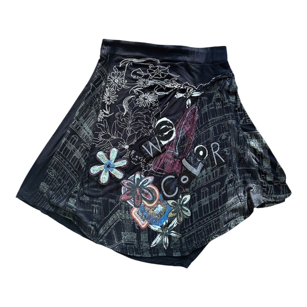 Desigual Graphic Asymmetric Skirt Women Medium Black Floral Good Boho Y2K 2000s